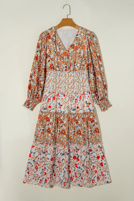 Full Size Printed V-Neck Lantern Sleeve Midi Dress - alternate view 6