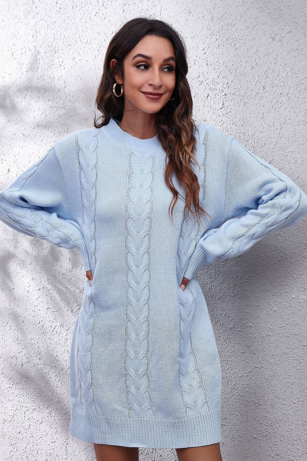 Cable-Knit Round Neck Sweater Dress - alternate view 3