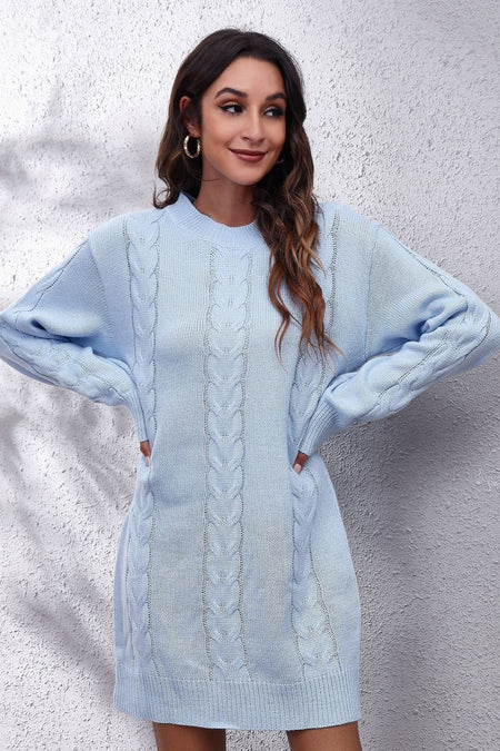 Cable-Knit Round Neck Sweater Dress - alternate view 3