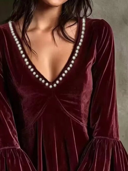 Full Size Velvet Bell-Sleeve Mini Dress with Pearl Embellished V-Neck Plus Size - alternate view 1