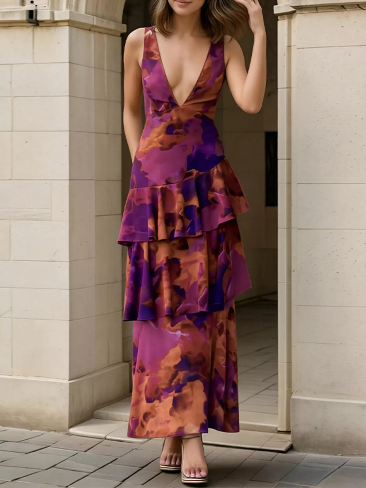 Floral V-Neck Ruffle Layered Maxi Dress - alternate view 5