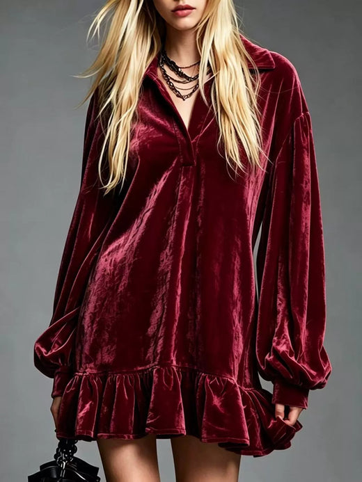 Full Size Velvet Long-Sleeve Ruffle Hem Mini Dress Plus Size - alternate view 2