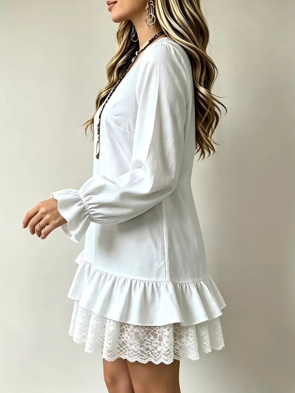 V-Neck Long Sleeve Ruffle Hem Lace Trim Mini Dress - alternate view 1