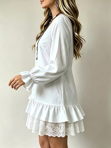 V-Neck Long Sleeve Ruffle Hem Lace Trim Mini Dress - alternate view 1
