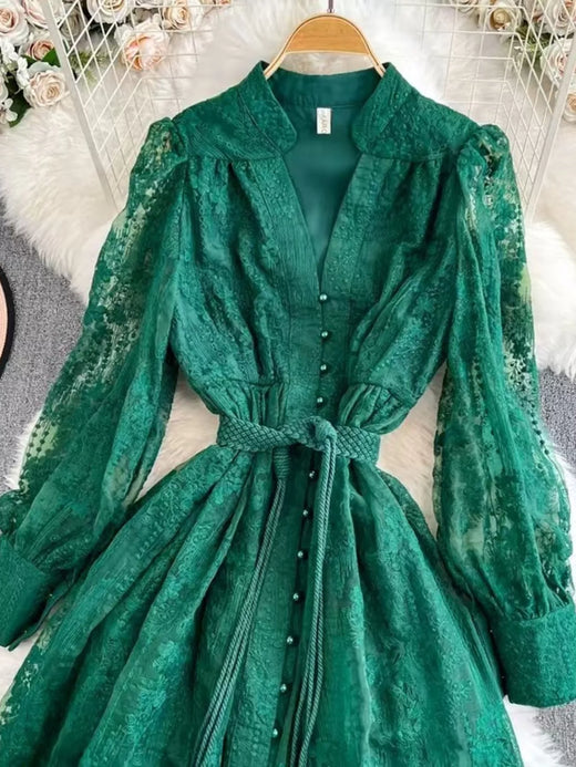 Lace Tie Waist Long Sleeve Dress - alternate view 4