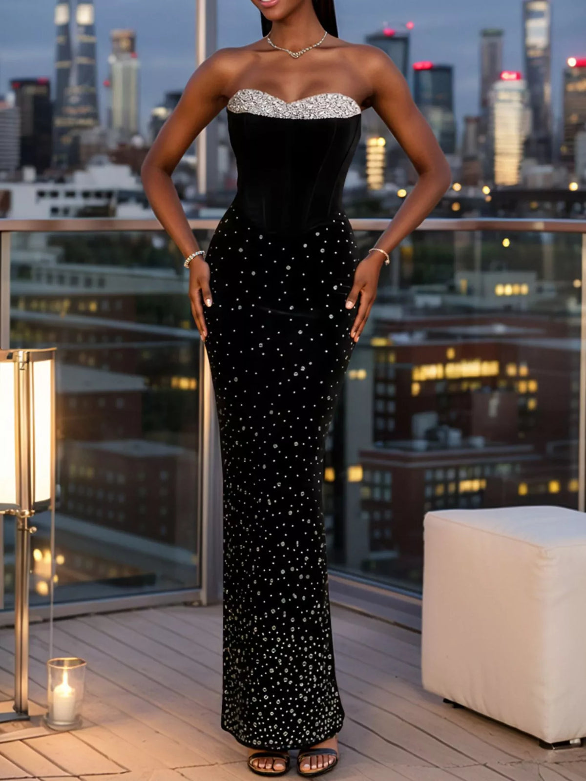 Rhinestone Slit Back Tube Maxi Dress