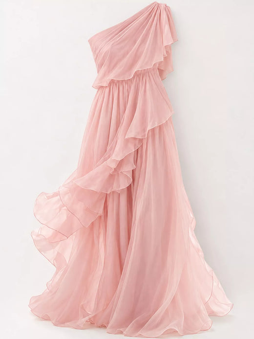 One-Shoulder Ruffled Chiffon Maxi Dress - alternate view 5