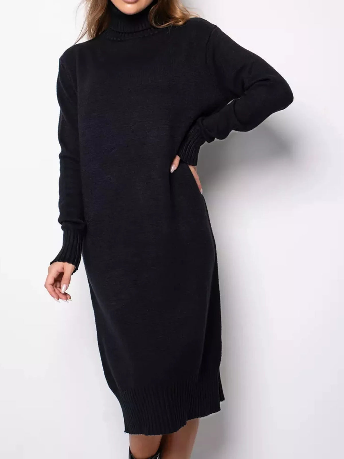 Turtleneck Ribbed Knit Sweater Dress - alternate view 4