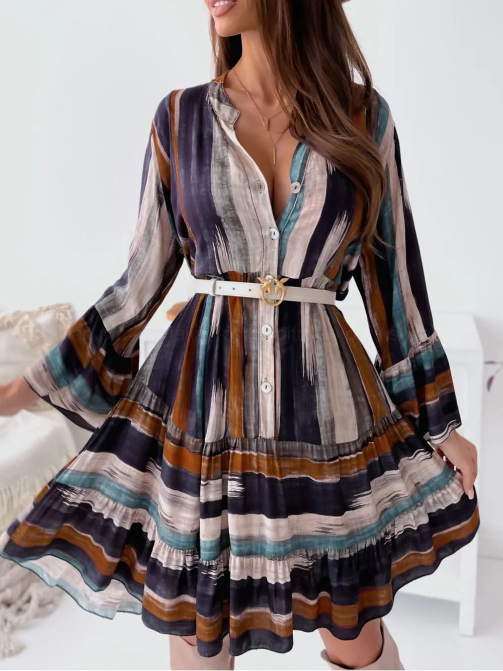 Buttoned Striped Long Sleeve Mini Dress - alternate view 7