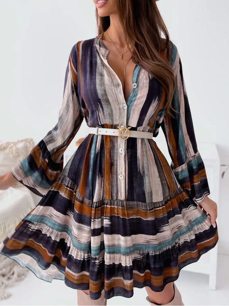 Buttoned Striped Long Sleeve Mini Dress - alternate view 7