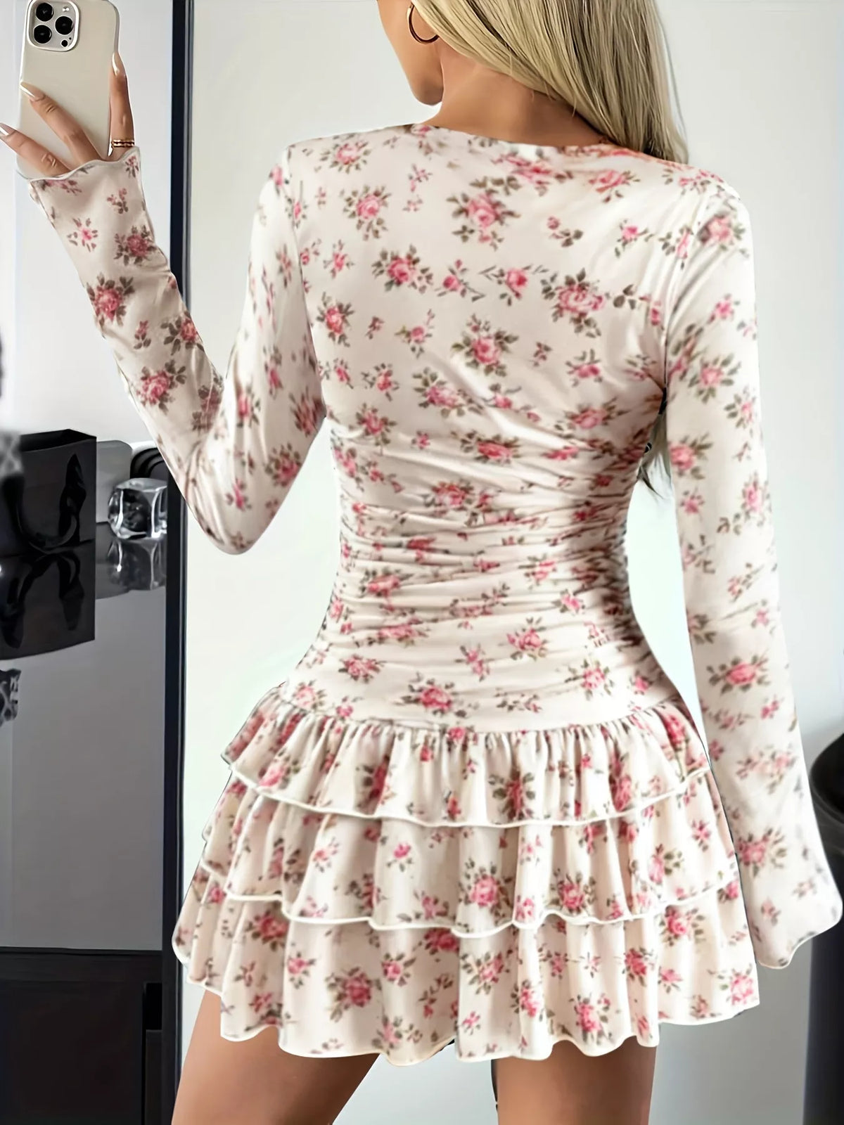 Long Sleeve Ruffled Hem Mini Dress - alternate view 21