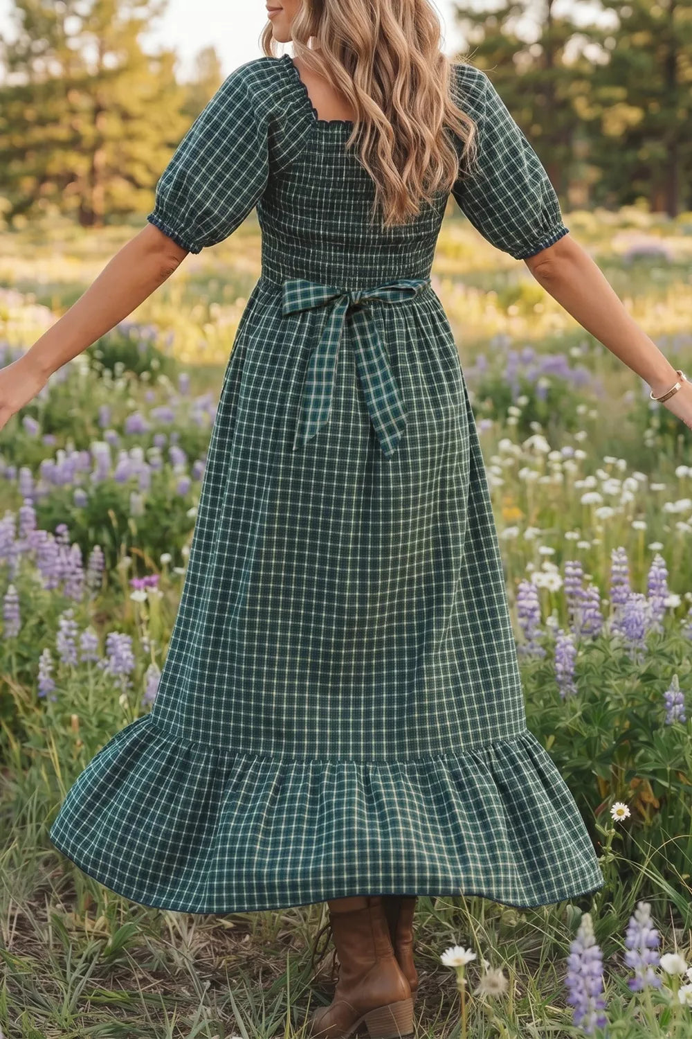 Plaid Square Neck Shirred High Waist Ruffle Hem Maxi Dress - alternate view 4
