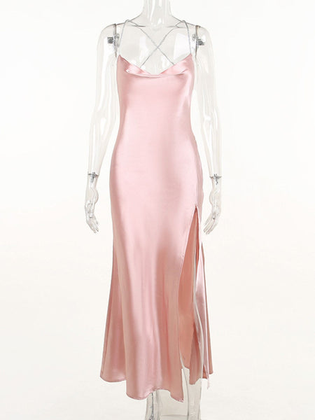 Slinky Satin Cowl Neck High Slit Dress with Back Lace Up - alternate view 10