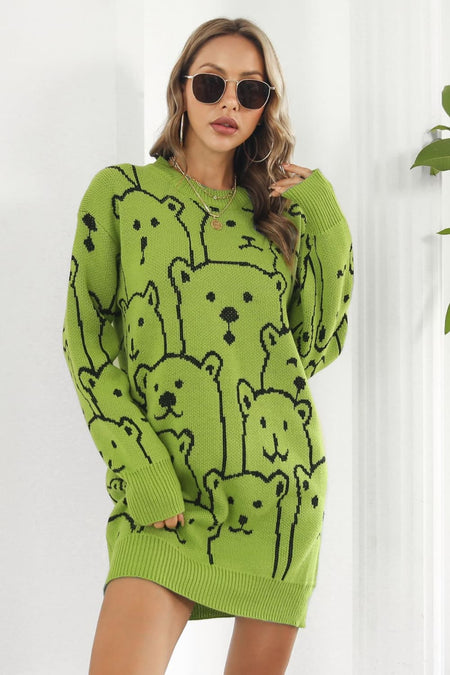 Bear Pattern Round Neck Sweater Dress - alternate view 7