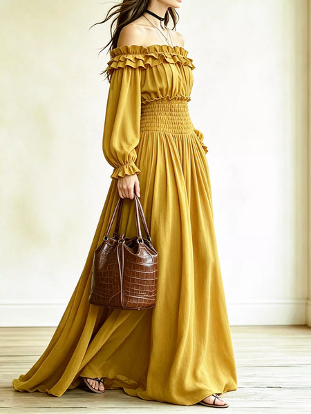 Full Size Off-Shoulder Ruffled Smocked Waist Maxi Dress with Pockets Plus Size - alternate view 16