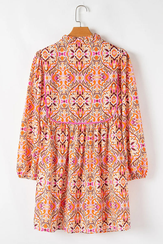 Printed Tie Neck Long Sleeve Mini Dress - alternate view 6