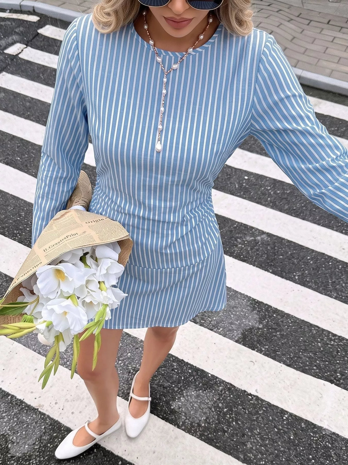 Striped Long-Sleeve Ruched Mini Dress - alternate view 3