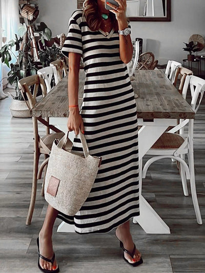 Striped V-Neck Midi Dress with Side Slit - alternate view 4