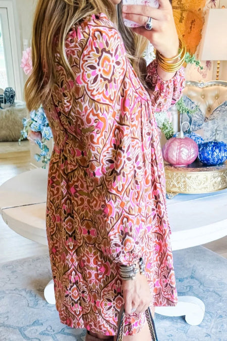 Printed Tie Neck Long Sleeve Mini Dress - alternate view 4
