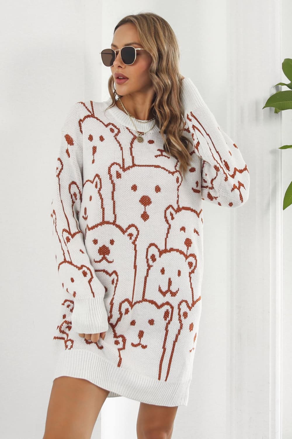 Bear Pattern Round Neck Sweater Dress - alternate view 5