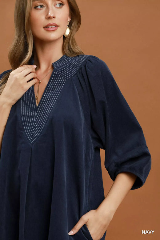 Corduroy V-Neck Puff Sleeve Shift Dress with Pockets - alternate view 5