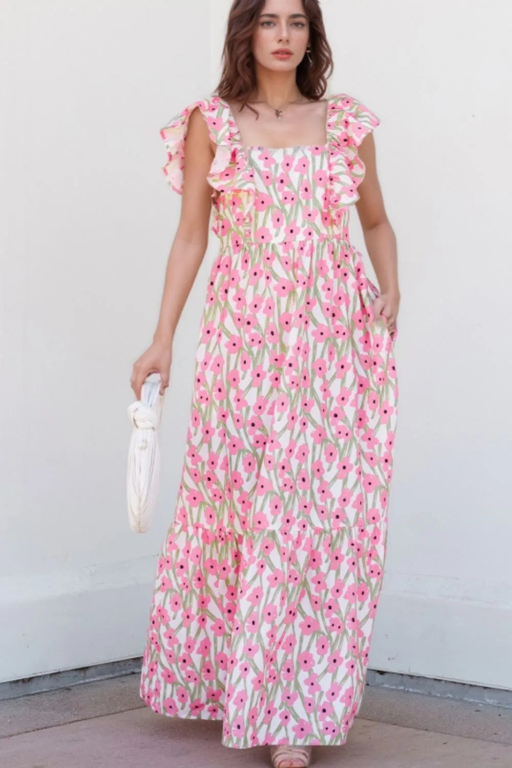Floral Print Square Neck Ruffled Cap Sleeve Maxi Dress