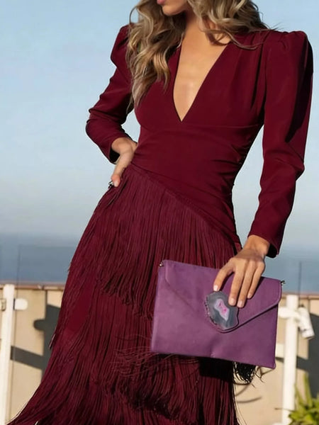 Fringed V-Neck Puff Sleeve Maxi Dress - alternate view 23