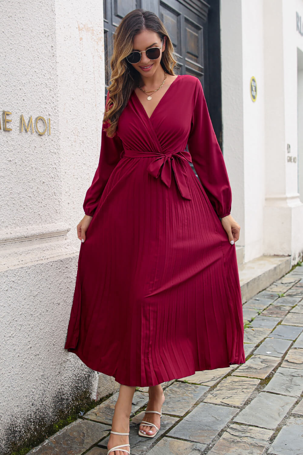 Pleated Long Sleeve Surplice Maxi Dress - alternate view 10