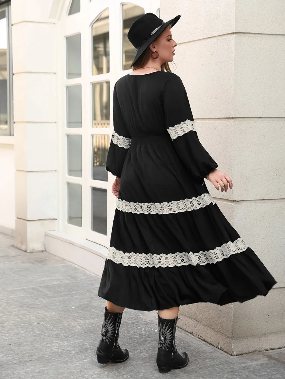 Lace Detail V-Neck Long Sleeve Midi Dress - alternate view 2