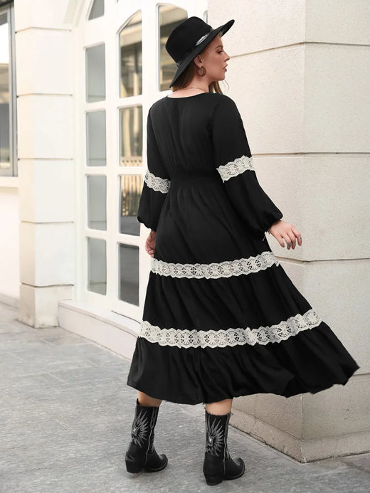 Lace Detail V-Neck Long Sleeve Midi Dress - alternate view 2