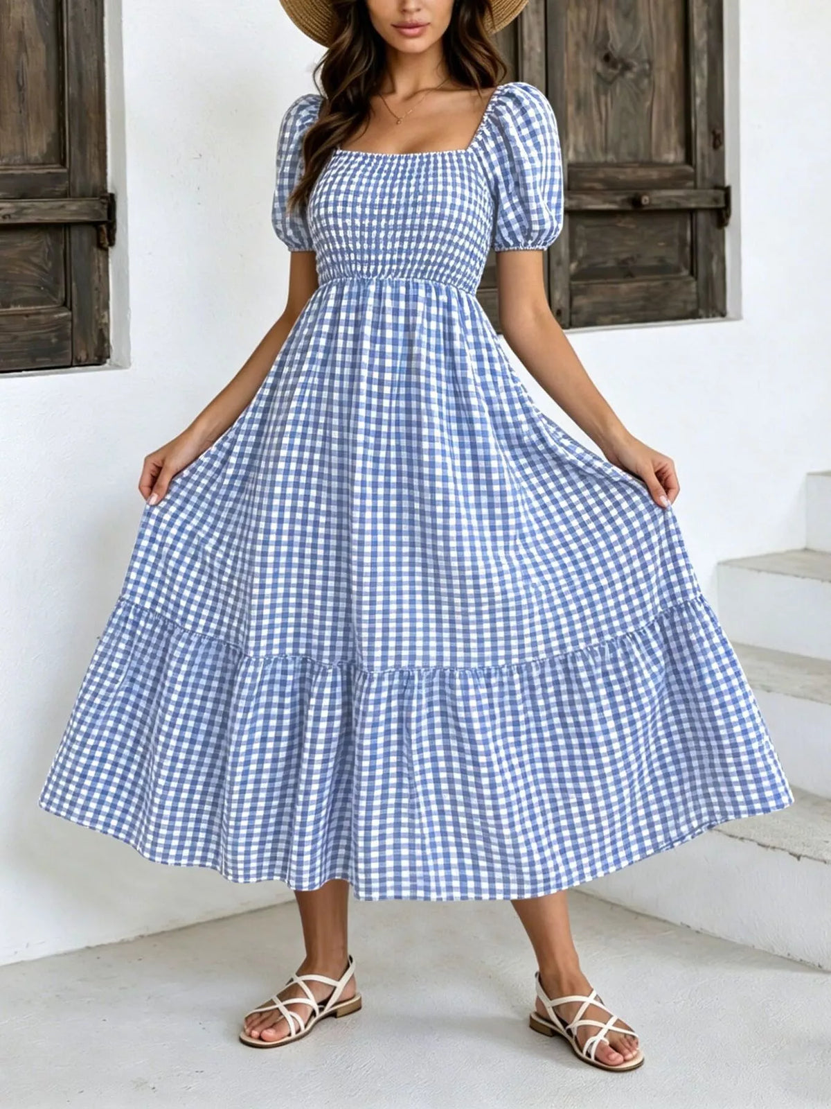 Gingham Smocked Puff Sleeve Midi Dress - alternate view 2