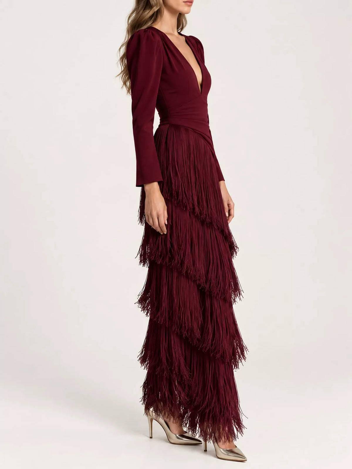 Fringed V-Neck Puff Sleeve Maxi Dress - alternate view 24
