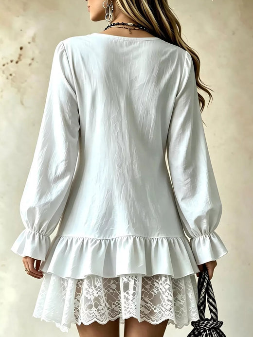 V-Neck Long Sleeve Ruffle Hem Lace Trim Mini Dress - alternate view 2