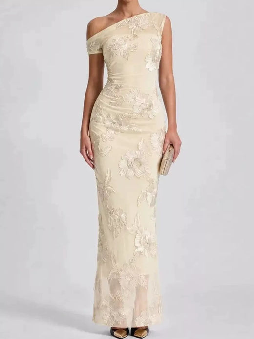 One-Shoulder Floral Embroidered Maxi Dress