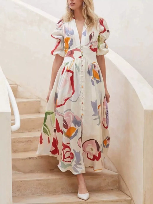 Puff Sleeve Midi Print Dress - alternate view 2