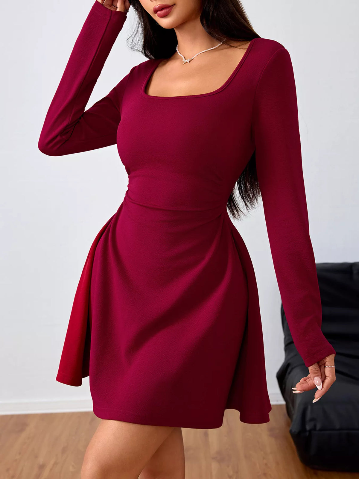 Square Neck Long Sleeve Ruched Waist Mini Dress