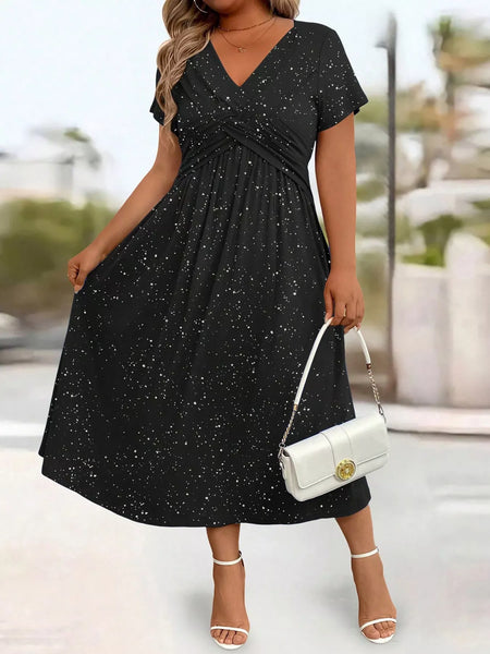 Full Size Twisted Front Short Sleeve Midi Dress with Pockets Plus Size - alternate view 1