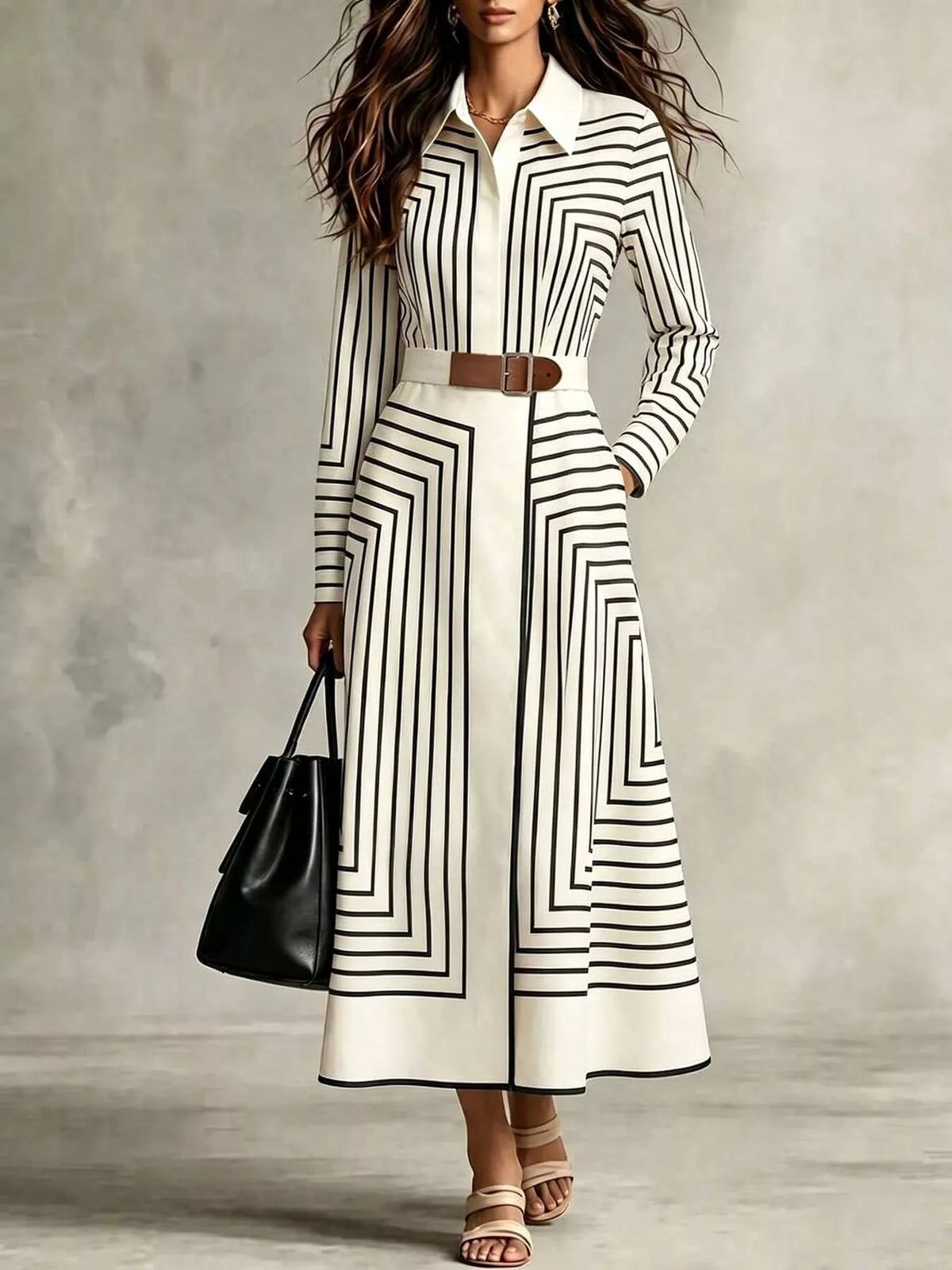 Geometric Striped Midi Shirt Dress - alternate view 2