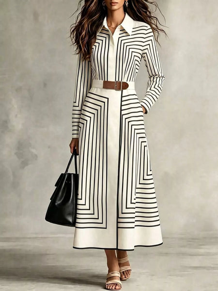 Geometric Striped Midi Shirt Dress - alternate view 2