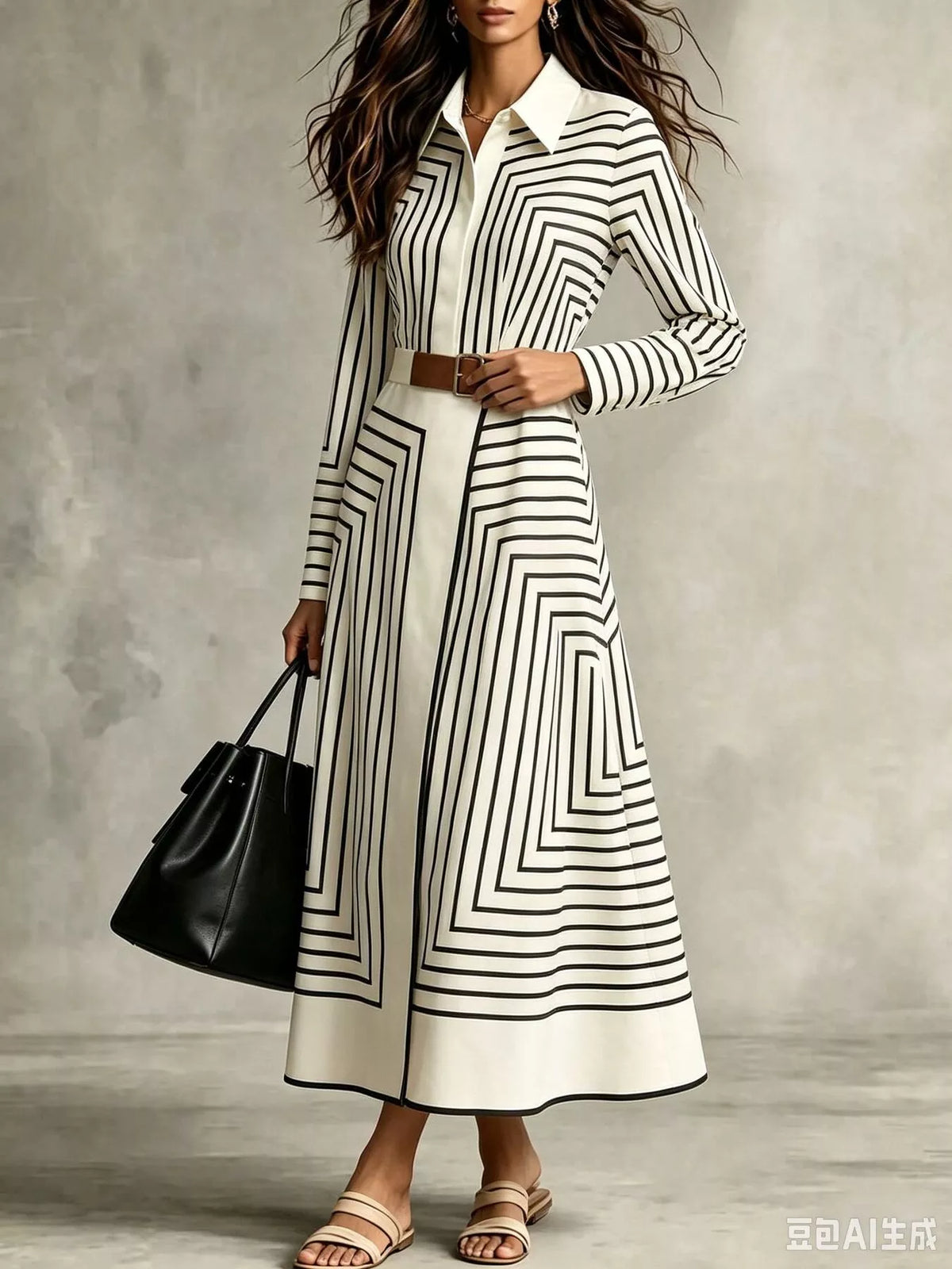 Geometric Striped Midi Shirt Dress - alternate view 3