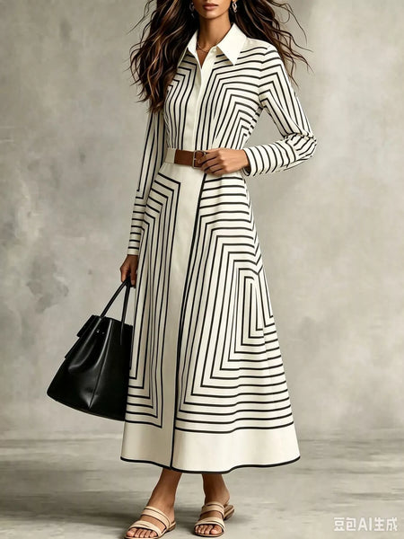 Geometric Striped Midi Shirt Dress - alternate view 3