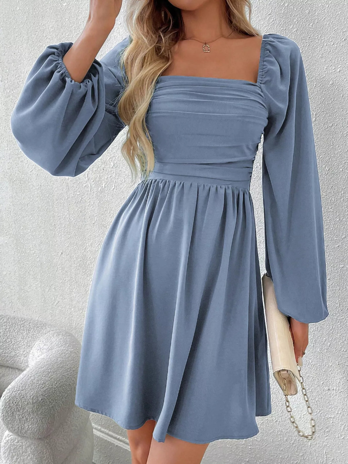 Ruched Square Neck Long Sleeve A-Line Dress - alternate view 14