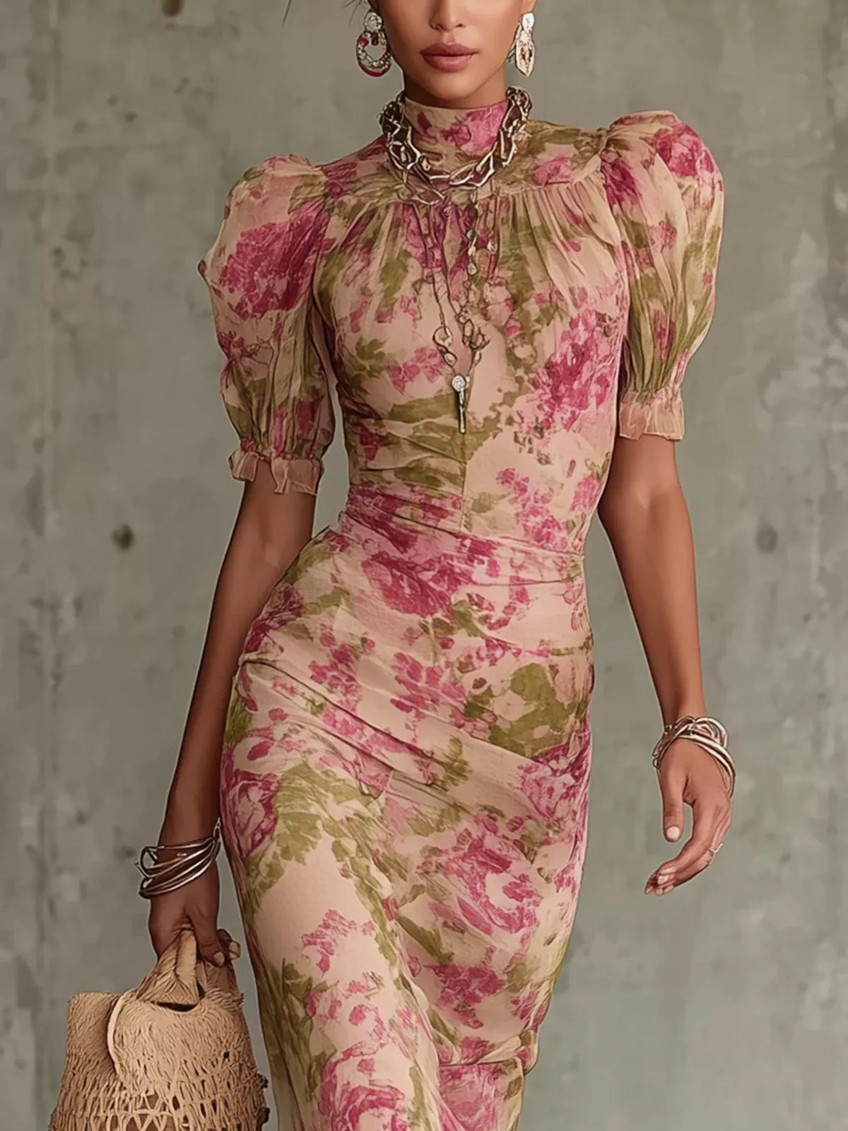 Floral Print High-Neck Puff Sleeve Ruffle Hem Maxi Dress - alternate view 2