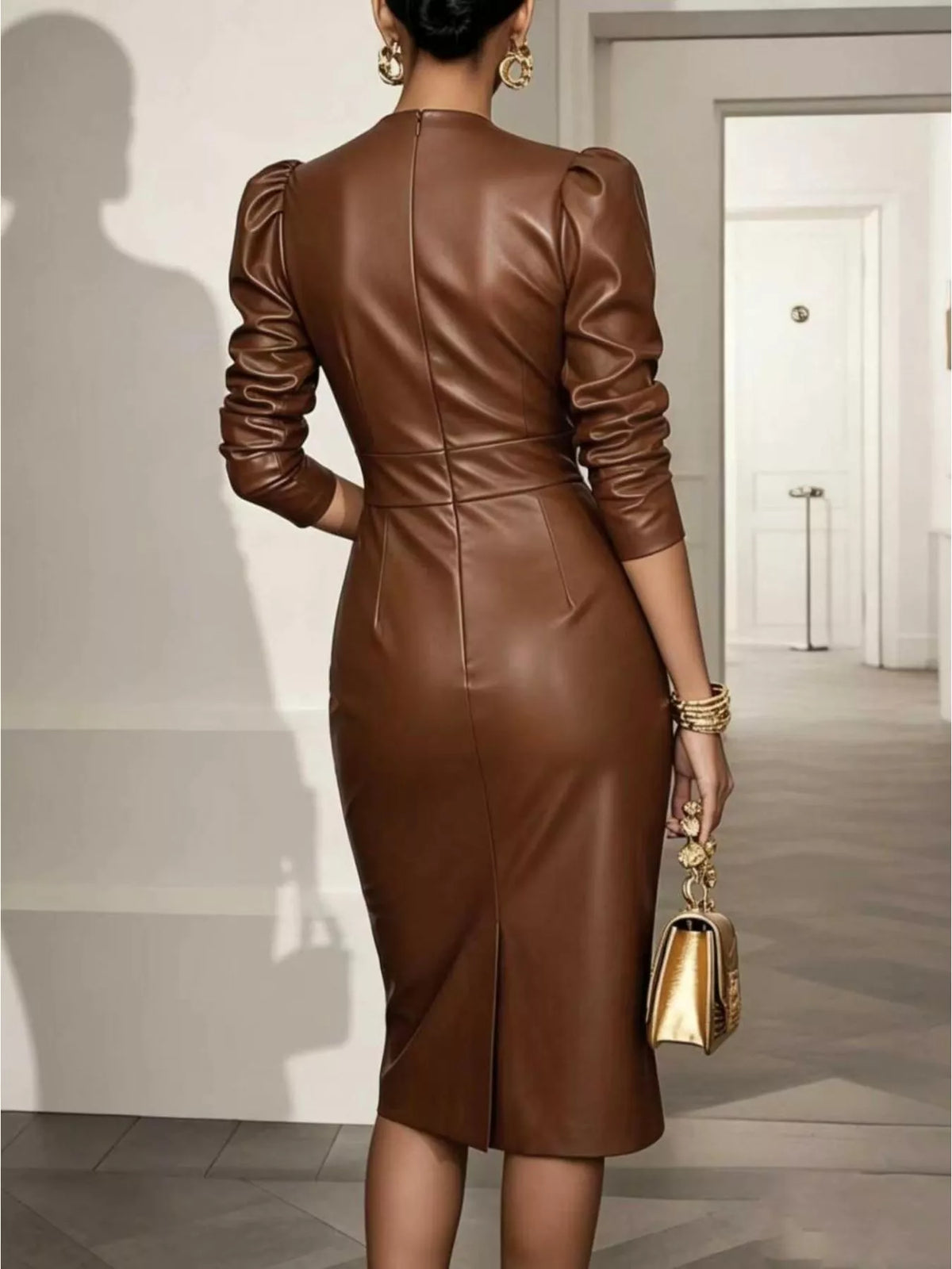 V-Neck Puff Sleeve Midi Dress - alternate view 5
