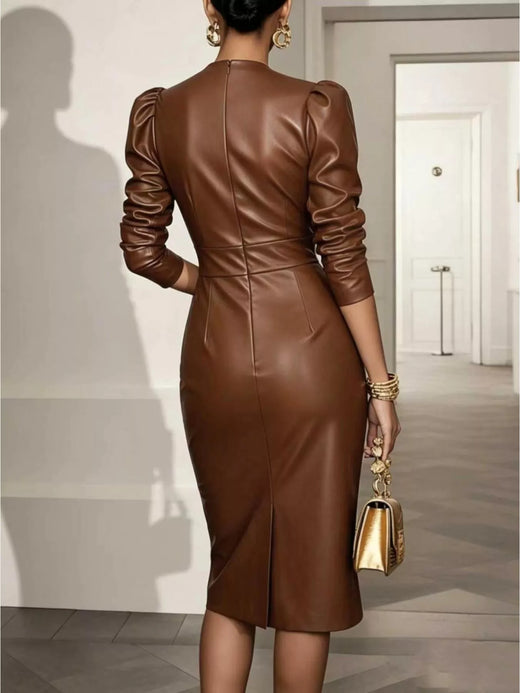 V-Neck Puff Sleeve Midi Dress - alternate view 5