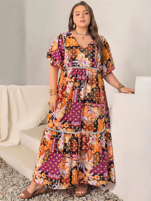 Printed V-Neck Half Sleeve Maxi Dress - alternate view 3