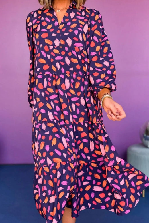 Printed Notched Long Sleeve Dress - alternate view 2