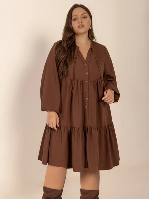 Tie Neck Balloon Sleeve Tiered Dress - alternate view 3