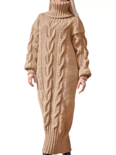 Full Size Oversized Chunky Cable Knit Turtleneck Sweater Dress Plus Size