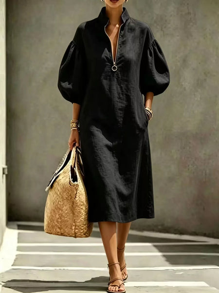 Half-Zip Puff Sleeve Midi Dress - alternate view 14